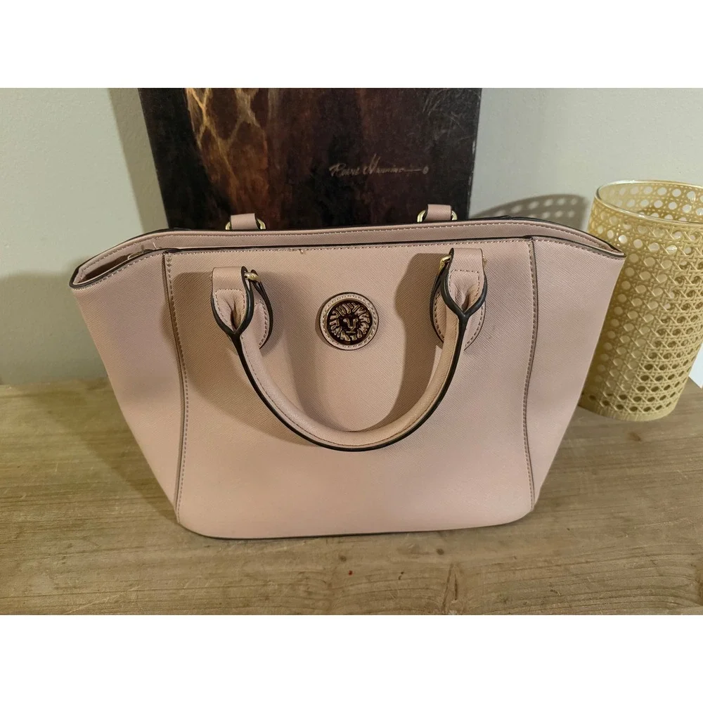 Anne‎ Klein Pink Saffiano Leather Satchel Handbag Gold Lion Emblem
